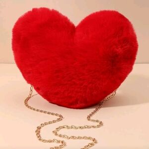 Red Heart-Shaped Faux Fur Bag with Gold Chain